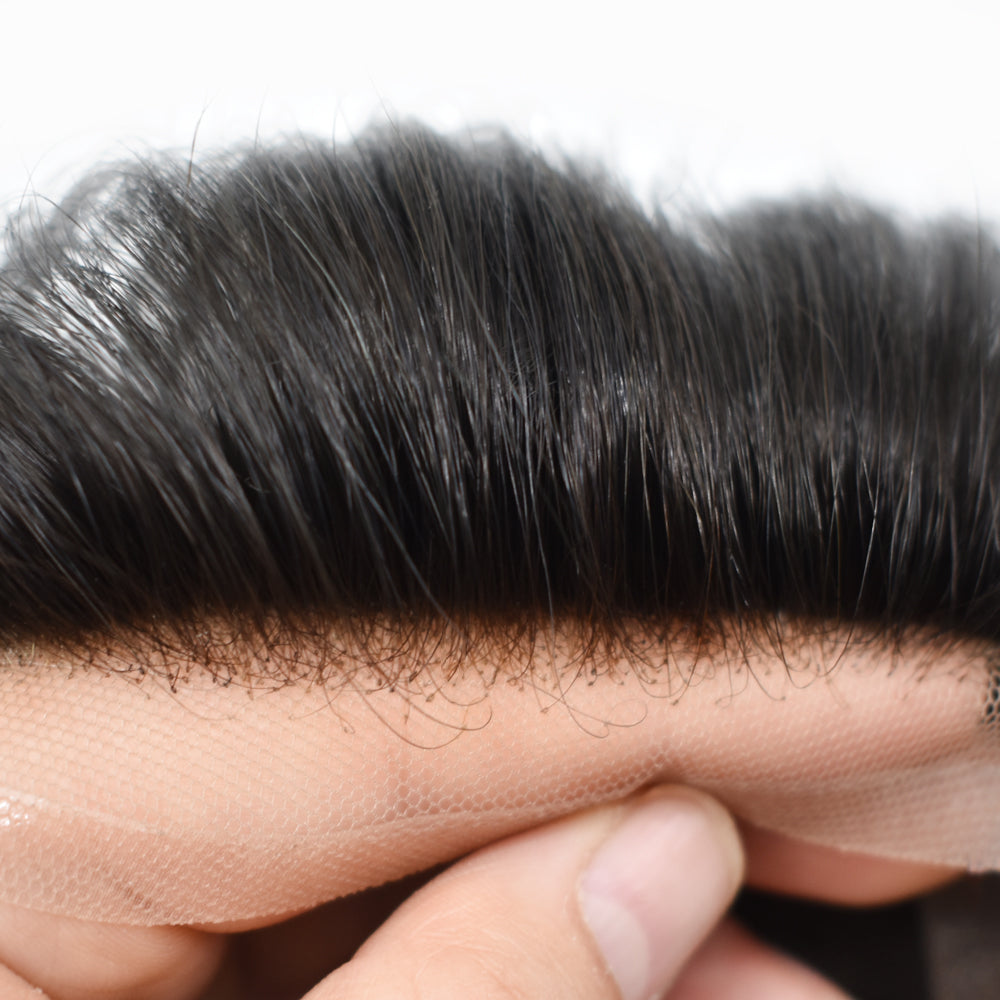 Hair Men's Full French Lace 0.03 mm Invisible Front Natural Black Hairline Flexible Hair Patch Wig